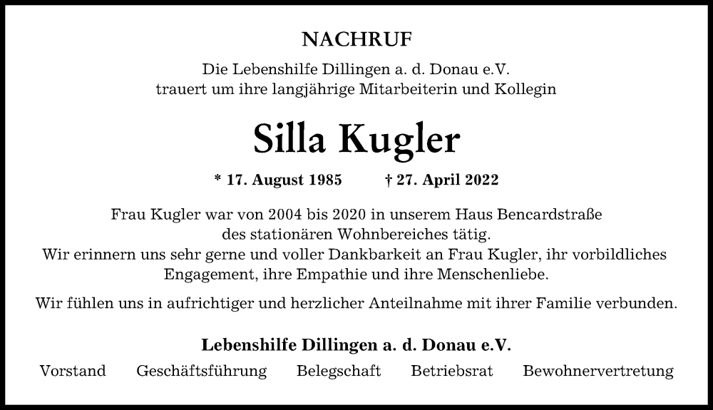  Traueranzeige für Silla Kugler vom 09.05.2022 aus Donau Zeitung