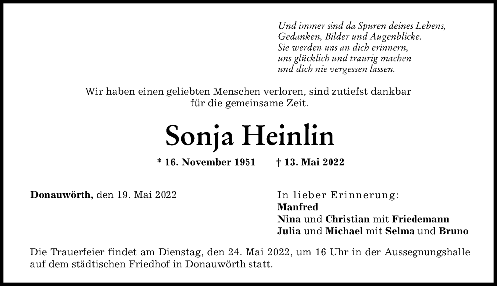  Traueranzeige für Sonja Heinlin vom 19.05.2022 aus Donauwörther Zeitung