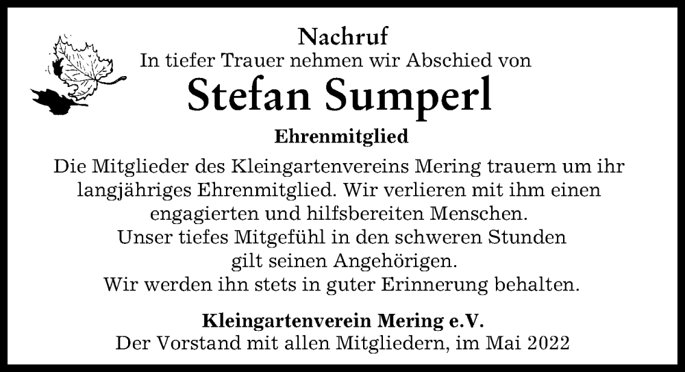 Traueranzeige von Stefan Sumperl von Friedberger Allgemeine