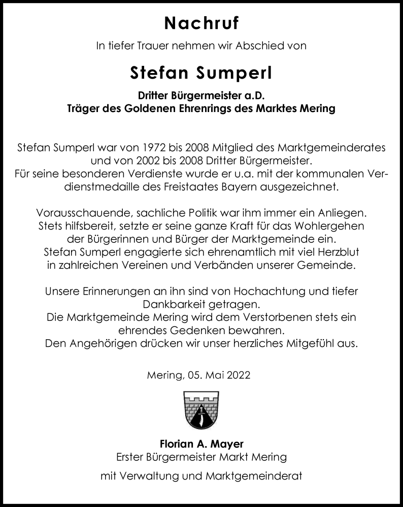  Traueranzeige für Stefan Sumperl vom 05.05.2022 aus Friedberger Allgemeine
