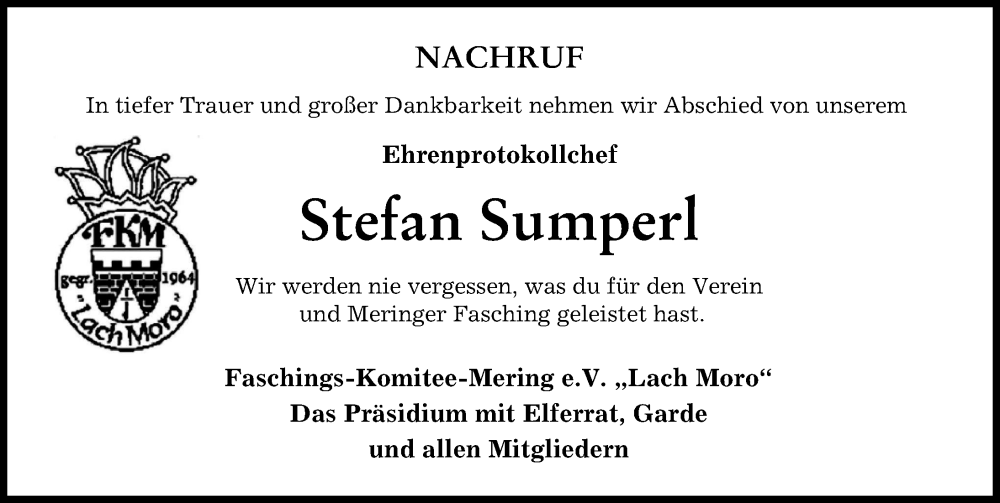  Traueranzeige für Stefan Sumperl vom 07.05.2022 aus Friedberger Allgemeine