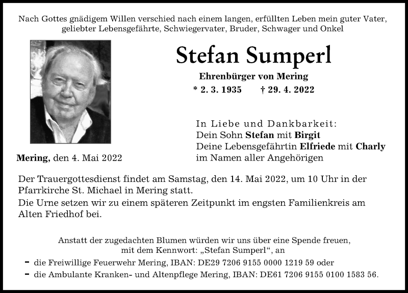  Traueranzeige für Stefan Sumperl vom 04.05.2022 aus Friedberger Allgemeine