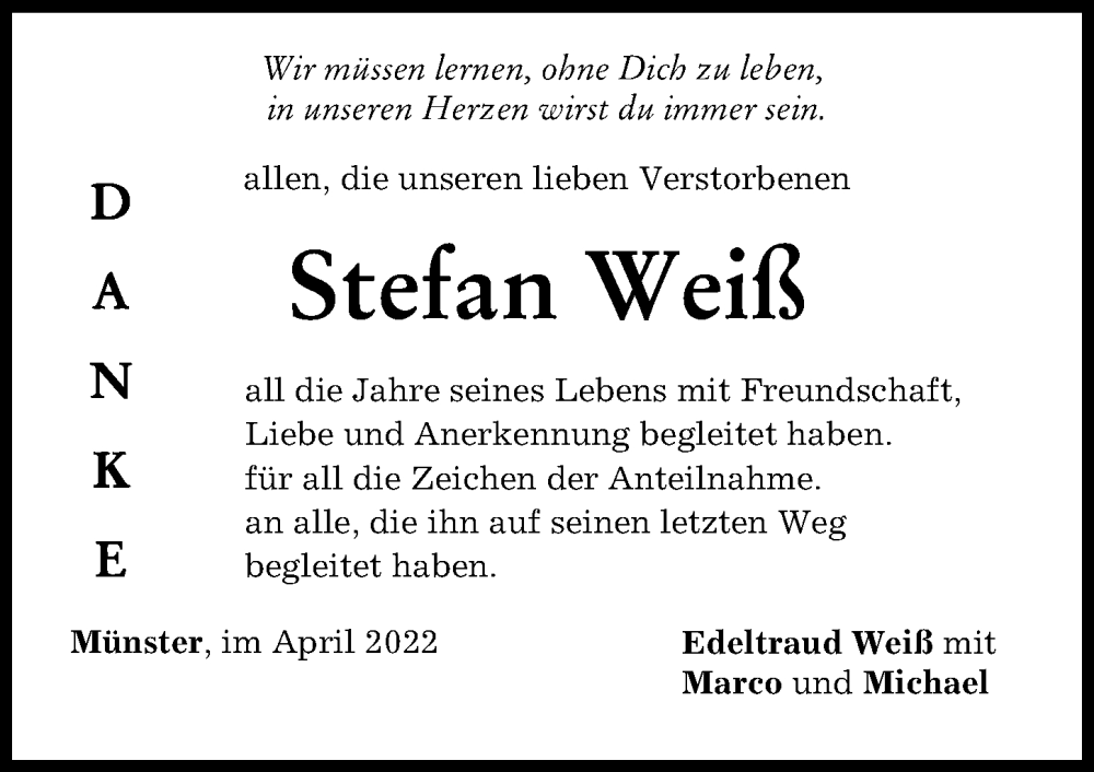 Traueranzeige von Stefan Weiß von Donauwörther Zeitung