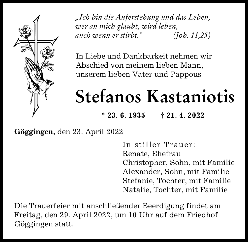 Traueranzeige von Stefanos Kastaniotis von Augsburger Allgemeine