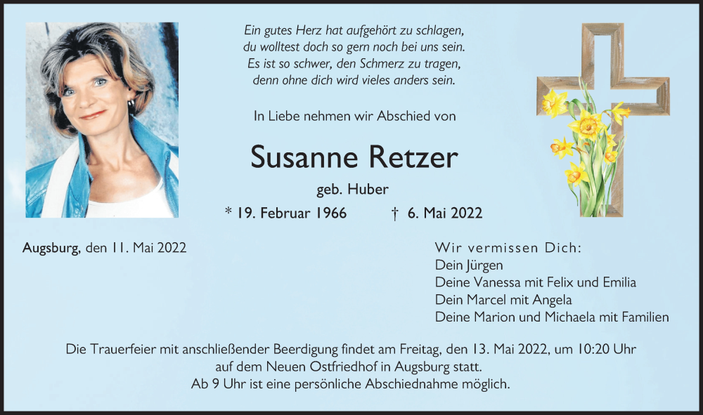  Traueranzeige für Susanne Retzer vom 11.05.2022 aus Augsburger Allgemeine