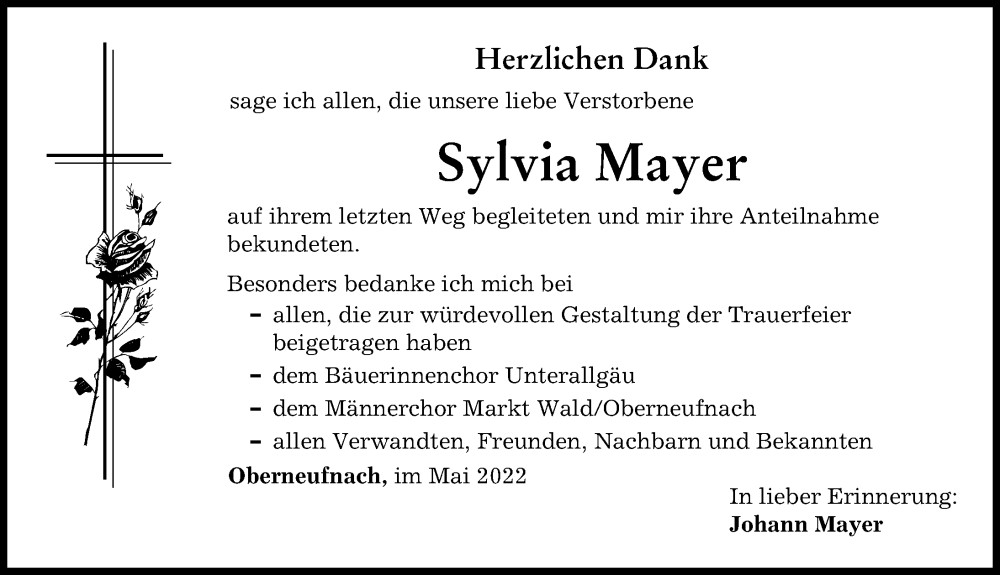 Traueranzeige von Sylvia Mayer von Mindelheimer Zeitung