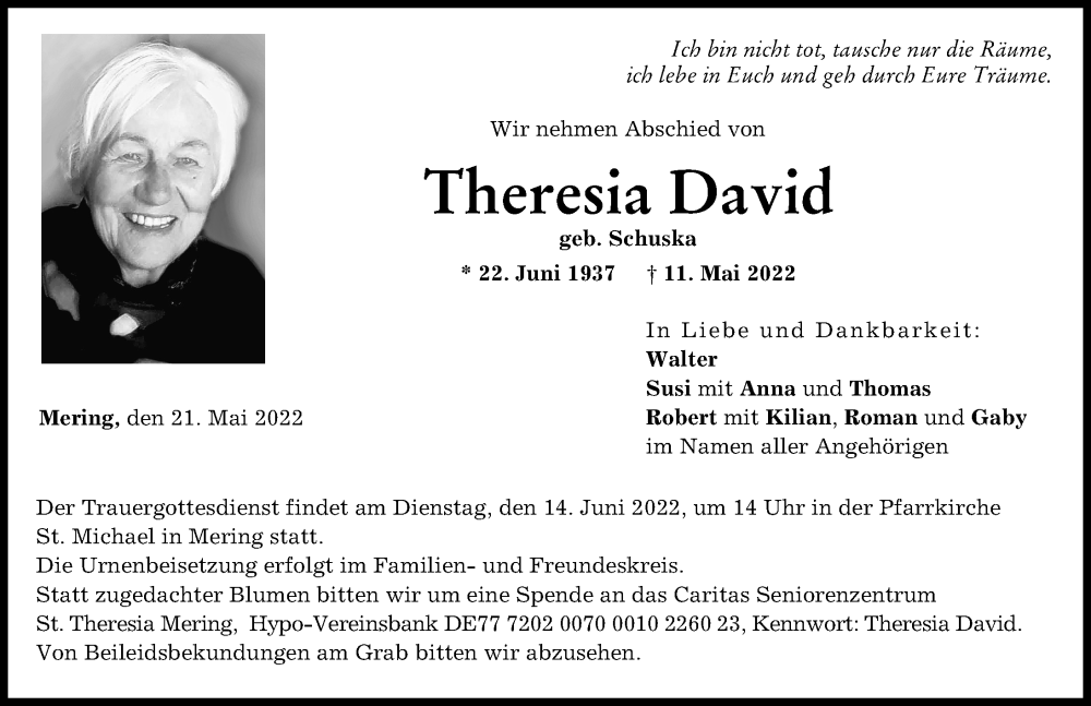 Traueranzeige von Theresia David von Friedberger Allgemeine