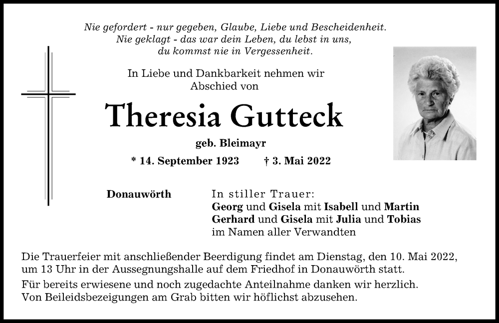 Traueranzeige von Theresia Gutteck von Donauwörther Zeitung