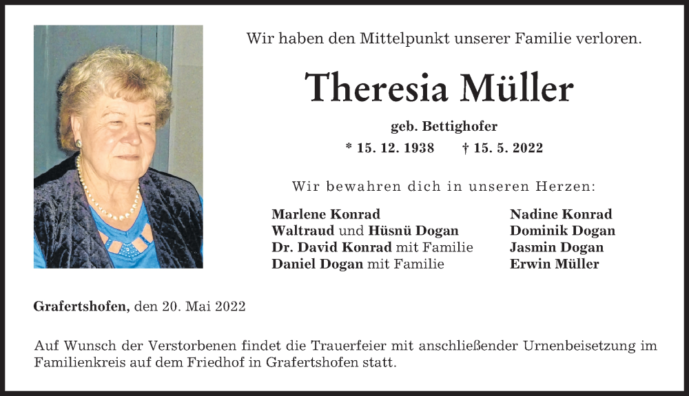  Traueranzeige für Theresia Müller vom 20.05.2022 aus Neu-Ulmer Zeitung