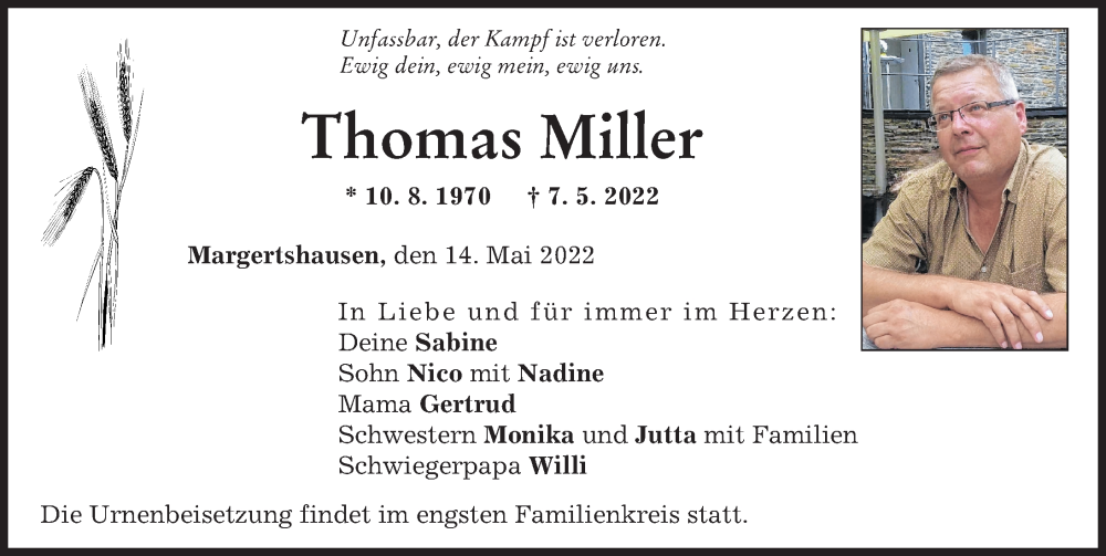 Traueranzeige von Thomas Miller von Augsburg-Land