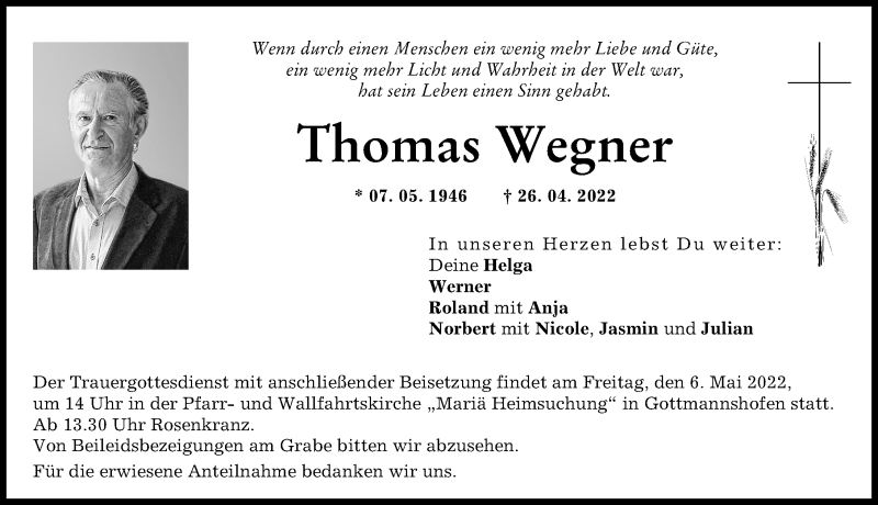 Traueranzeige von Thomas Wegner von Wertinger Zeitung