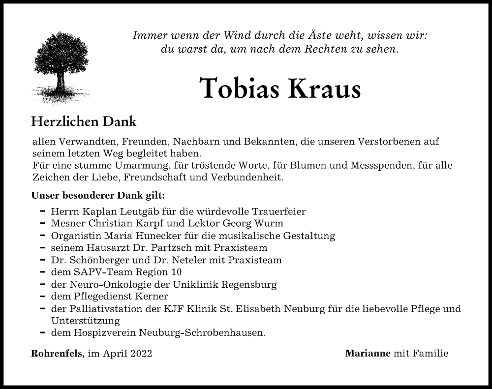  Traueranzeige für Tobias Kraus vom 23.04.2022 aus Neuburger Rundschau
