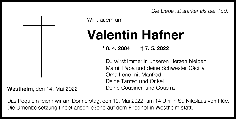  Traueranzeige für Valentin Hafner vom 14.05.2022 aus Augsburger Allgemeine