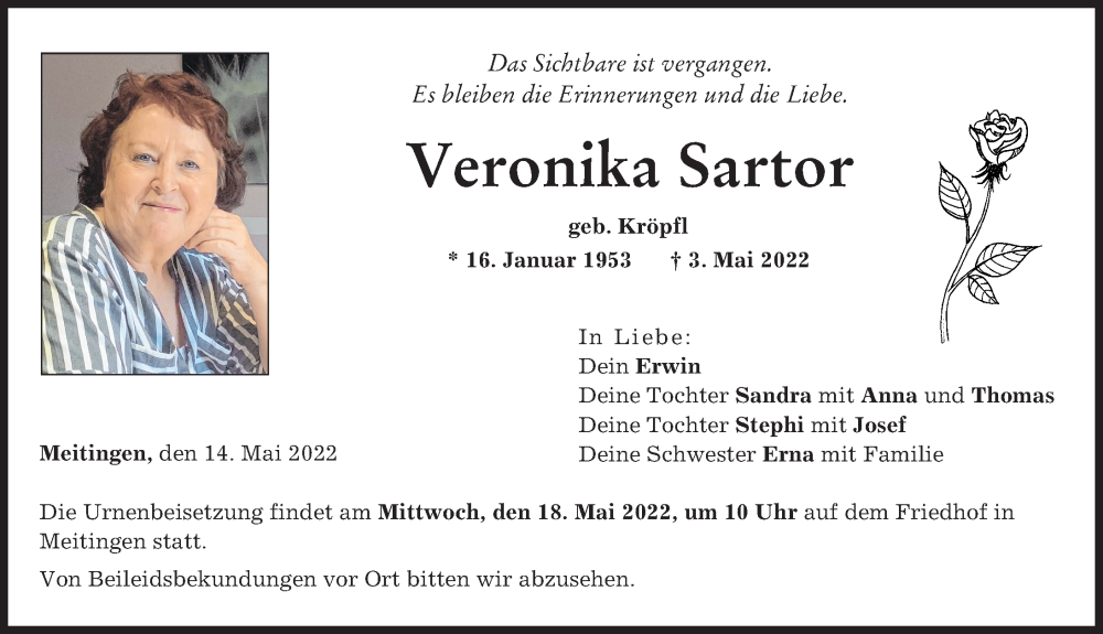  Traueranzeige für Veronika Sartor vom 14.05.2022 aus Augsburg-Land