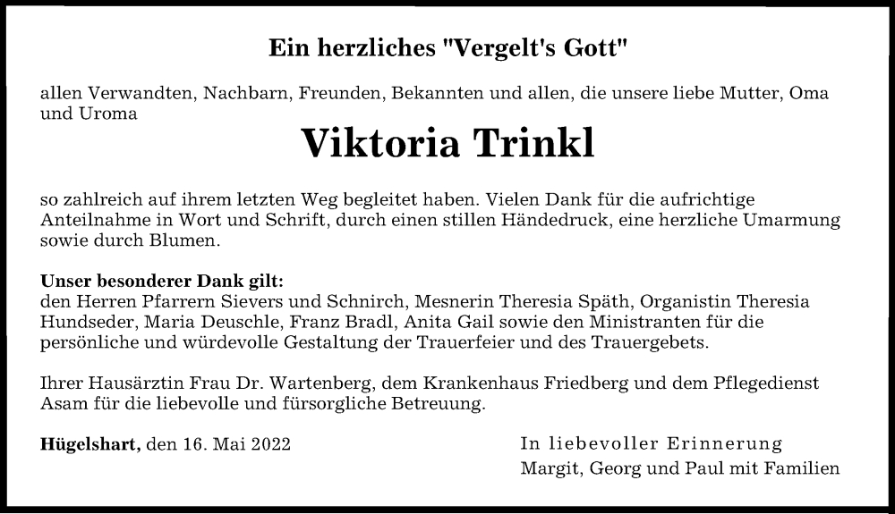 Traueranzeige von Viktoria Trinkl von Aichacher Nachrichten, Friedberger Allgemeine