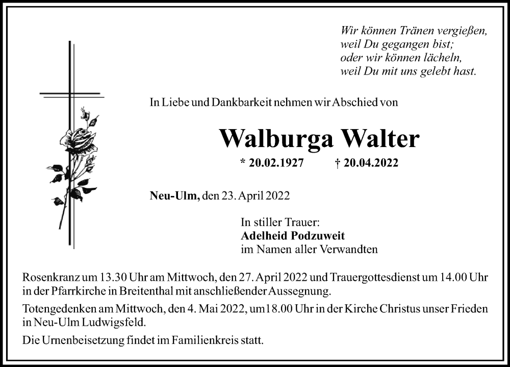 Traueranzeige von Walburga Walter von Neu-Ulmer Zeitung, Mittelschwäbische Nachrichten