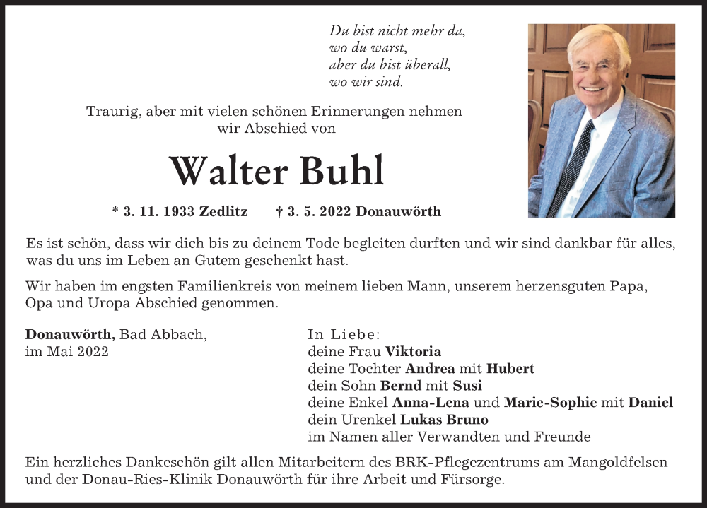 Traueranzeige von Walter Buhl von Donauwörther Zeitung