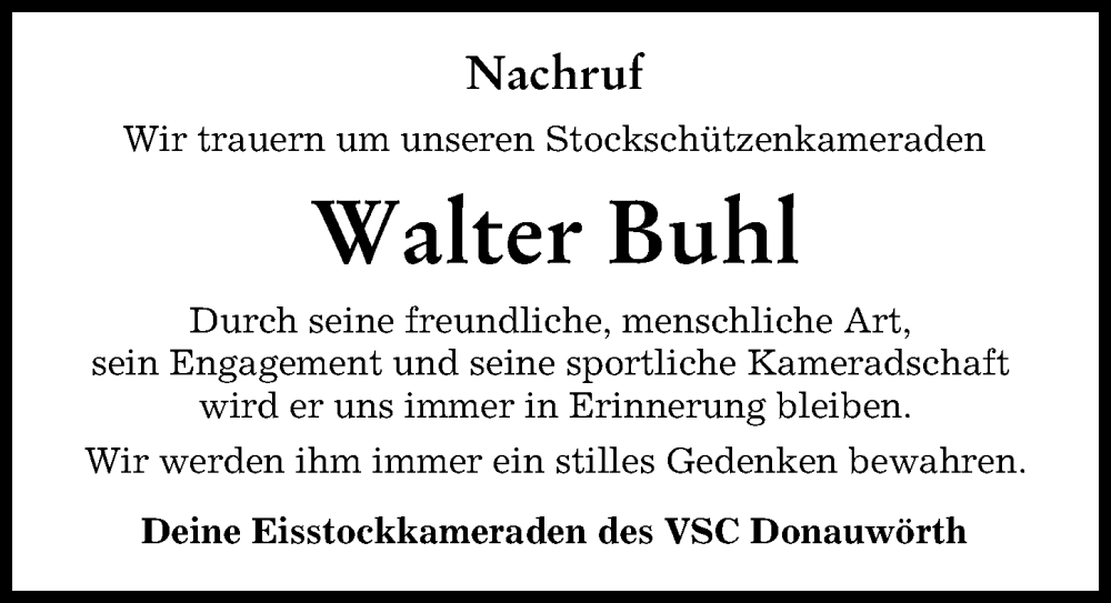 Traueranzeige von Walter Buhl von Donauwörther Zeitung