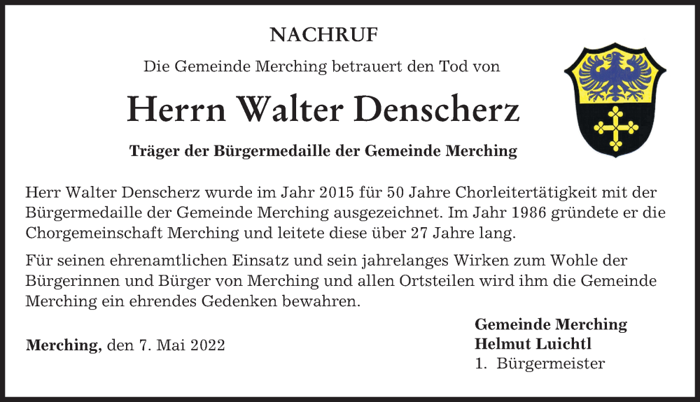 Traueranzeige von Walter Denscherz von Friedberger Allgemeine