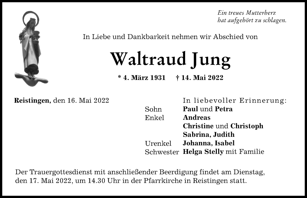  Traueranzeige für Waltraud Jung vom 16.05.2022 aus Donau Zeitung