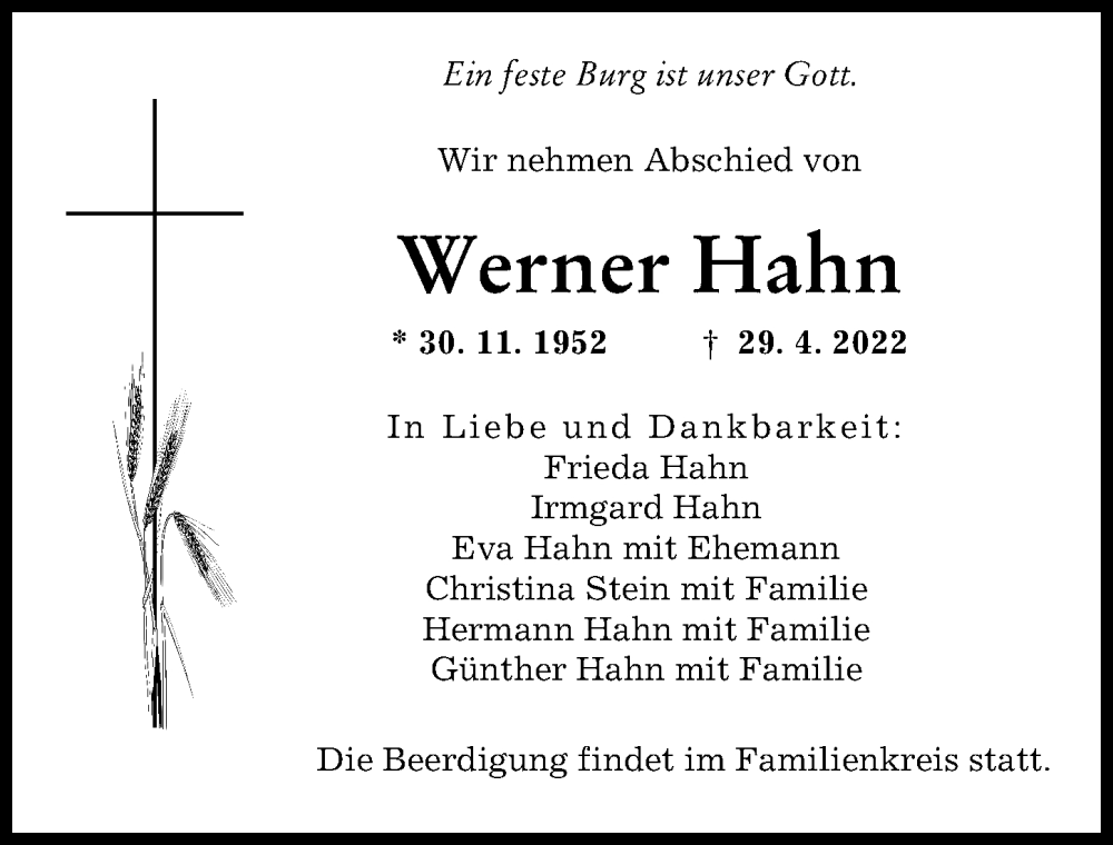 Traueranzeige für Werner Hahn vom 07.05.2022 aus Rieser Nachrichten, Augsburger Allgemeine