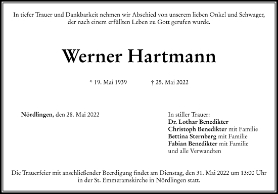 Traueranzeige von Werner Hartmann von Rieser Nachrichten