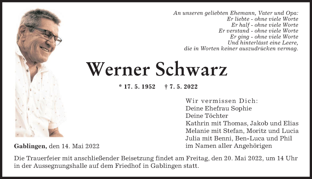 Traueranzeige von Werner Schwarz von Augsburger Allgemeine
