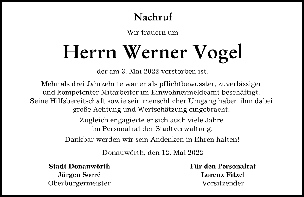 Traueranzeige von Werner Vogel von Donauwörther Zeitung