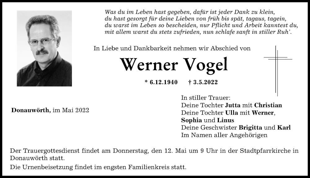 Traueranzeigen von Werner Vogel | Augsburger Allgemeine Zeitung