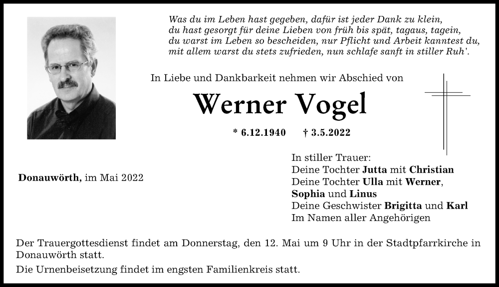 Traueranzeige von Werner Vogel von Donauwörther Zeitung