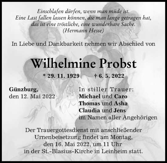 Traueranzeige von Wilhelmine Probst von Günzburger Zeitung
