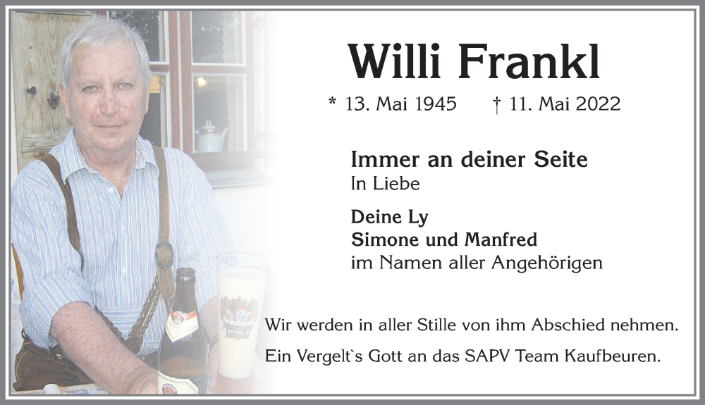  Traueranzeige für Willi Frankl vom 14.05.2022 aus Landsberger Tagblatt, Augsburger Allgemeine
