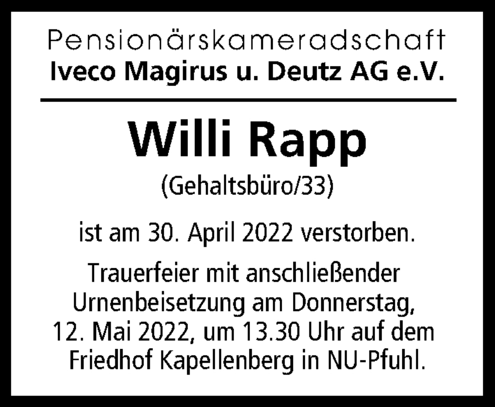 Traueranzeige von Willi Rapp von Illertisser Zeitung, Günzburger Zeitung, Neu-Ulmer Zeitung