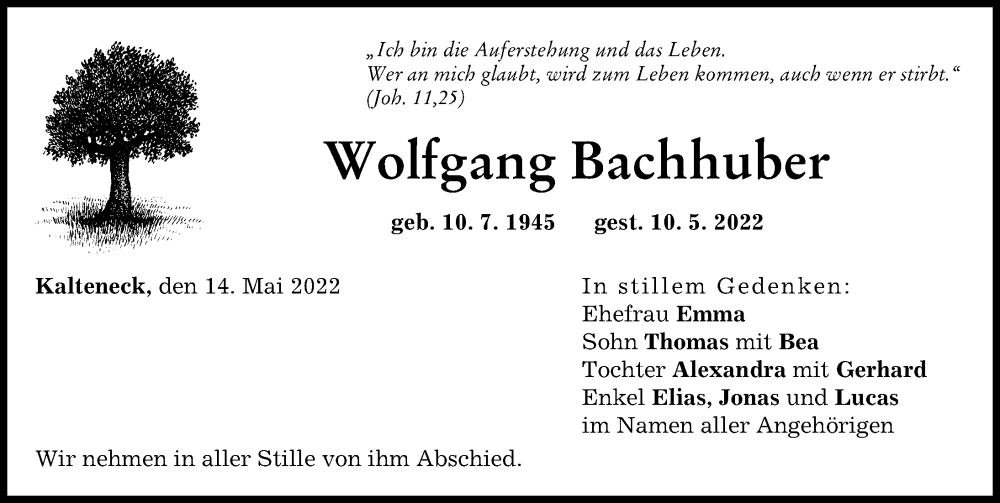 Traueranzeige von Wolfgang Bachhuber von Friedberger Allgemeine