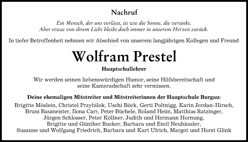 Traueranzeige von Wolfram Prestel von Günzburger Zeitung