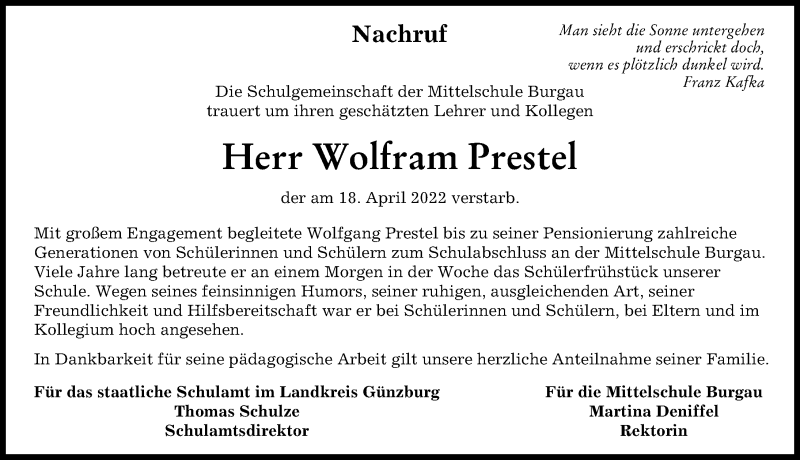 Traueranzeige von Wolfram Prestel von Günzburger Zeitung