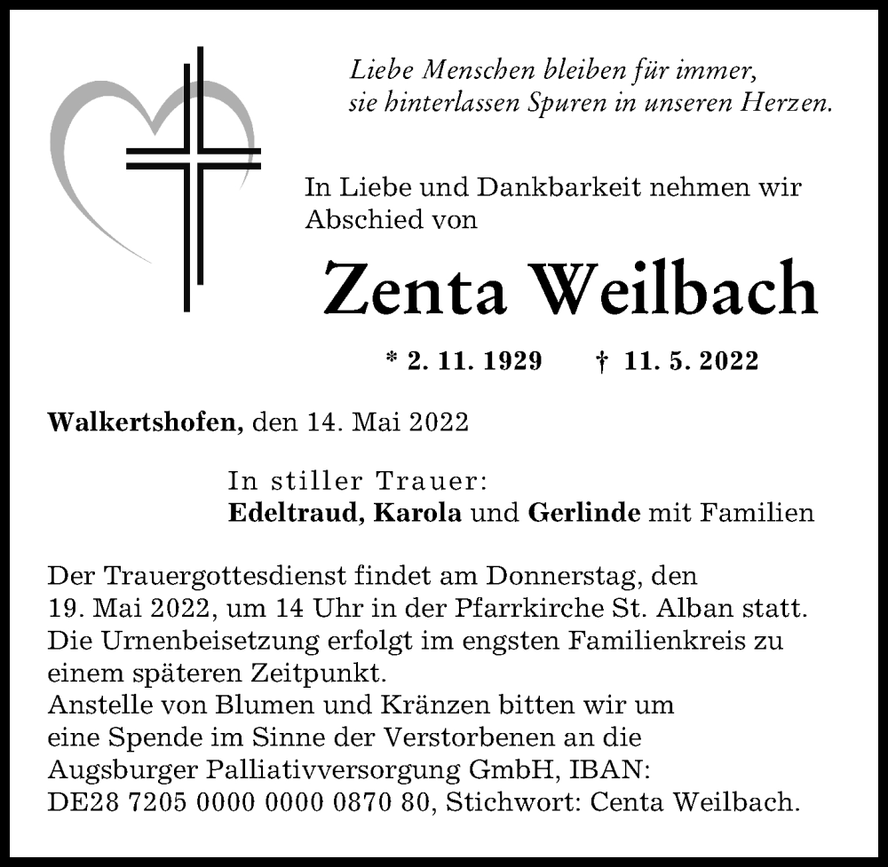  Traueranzeige für Zenta Weilbach vom 14.05.2022 aus Schwabmünchner Allgemeine