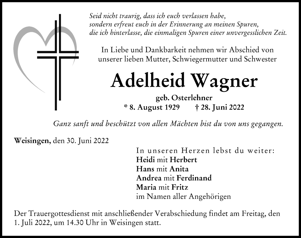 Traueranzeige von Adelheid Wagner von Donau Zeitung