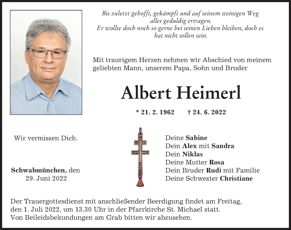 Traueranzeige von Albert Heimerl von Schwabmünchner Allgemeine