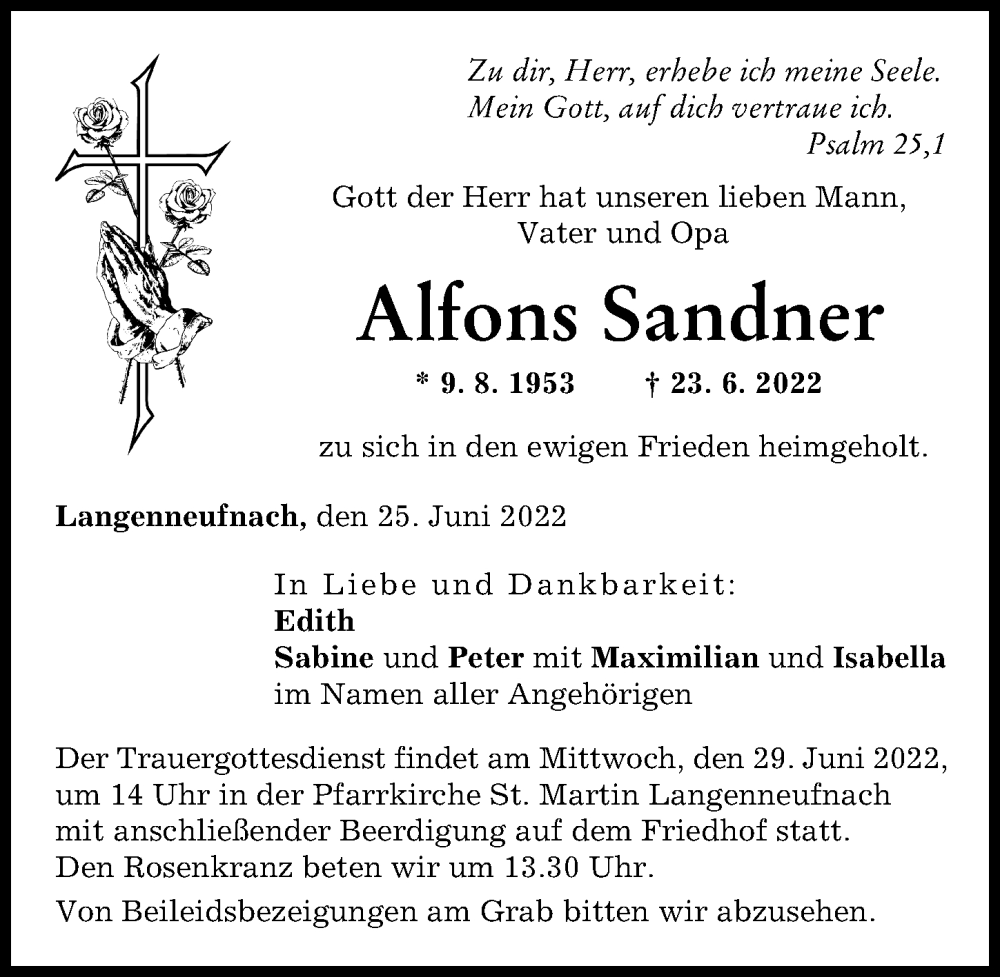  Traueranzeige für Alfons Sandner vom 25.06.2022 aus Augsburger Allgemeine
