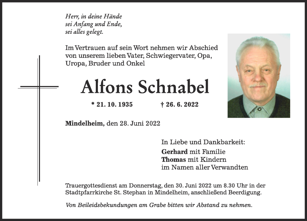  Traueranzeige für Alfons Schnabel vom 28.06.2022 aus Mindelheimer Zeitung