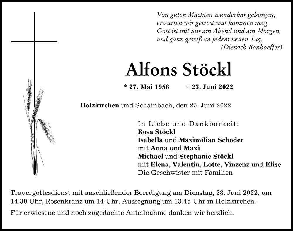  Traueranzeige für Alfons Stöckl vom 25.06.2022 aus Neuburger Rundschau