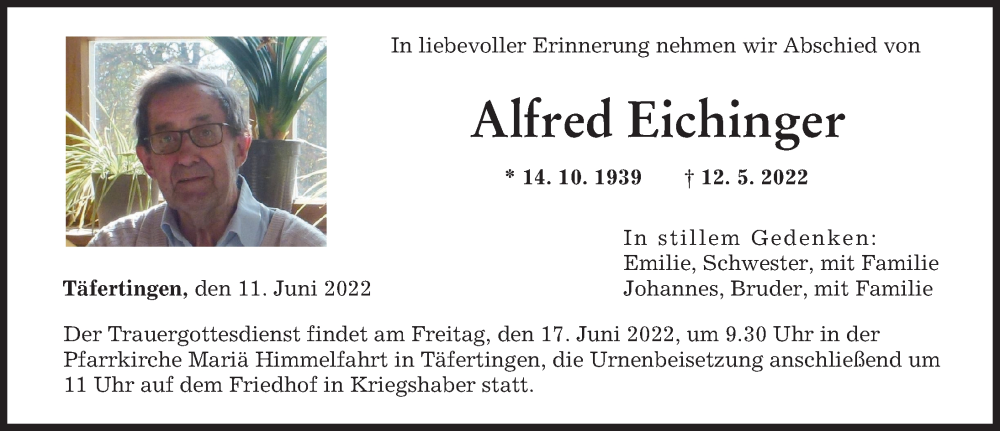 Traueranzeige von Alfred Eichinger von Augsburger Allgemeine