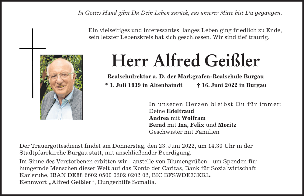  Traueranzeige für Alfred Geißler vom 20.06.2022 aus Donau Zeitung, Günzburger Zeitung
