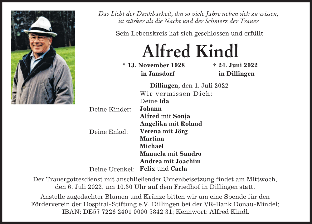 Traueranzeige von Alfred Kindl von Donau Zeitung