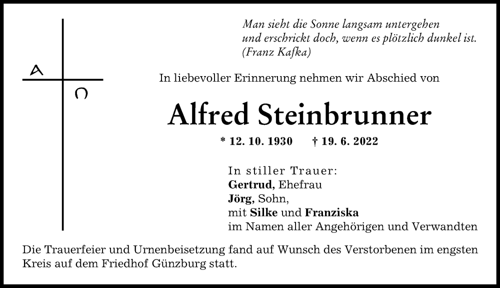 Traueranzeige von Alfred Steinbrunner von Günzburger Zeitung