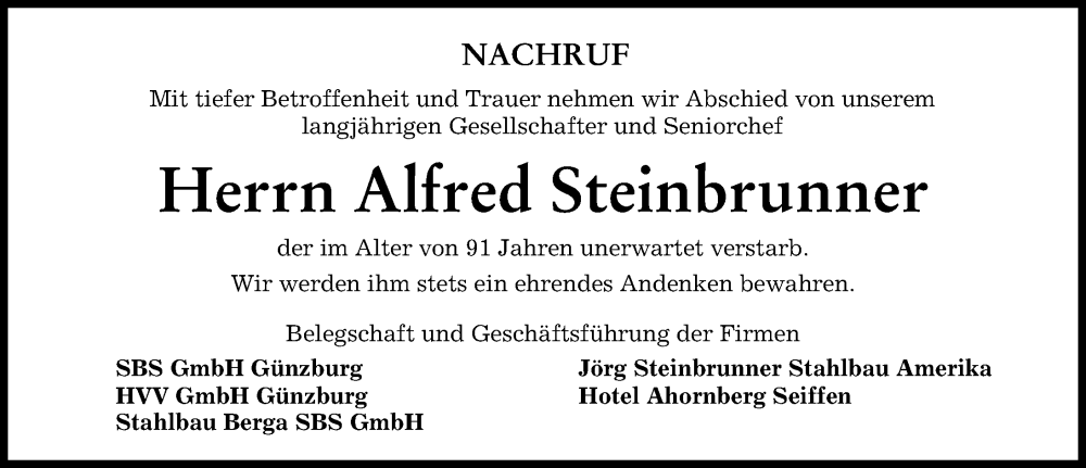 Traueranzeige von Alfred Steinbrunner von Günzburger Zeitung