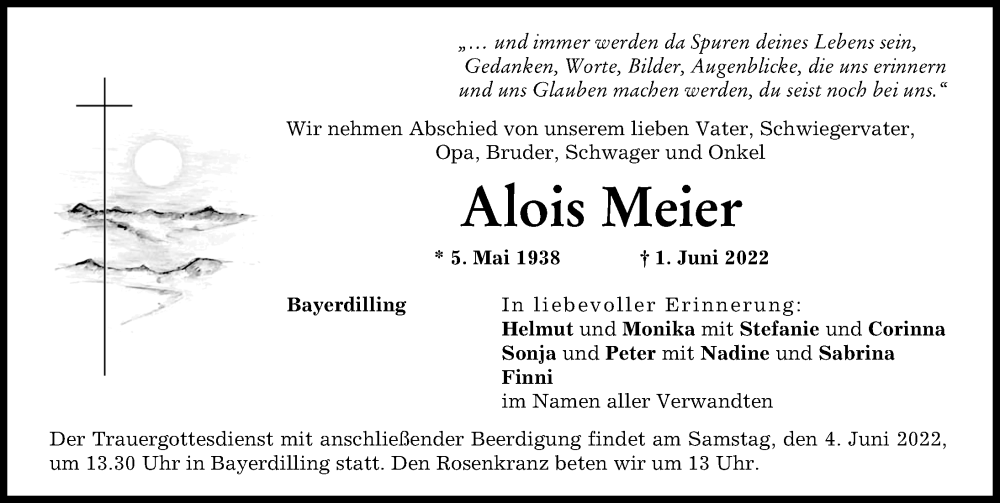 Traueranzeige von Alois Meier von Neuburger Rundschau, Donauwörther Zeitung