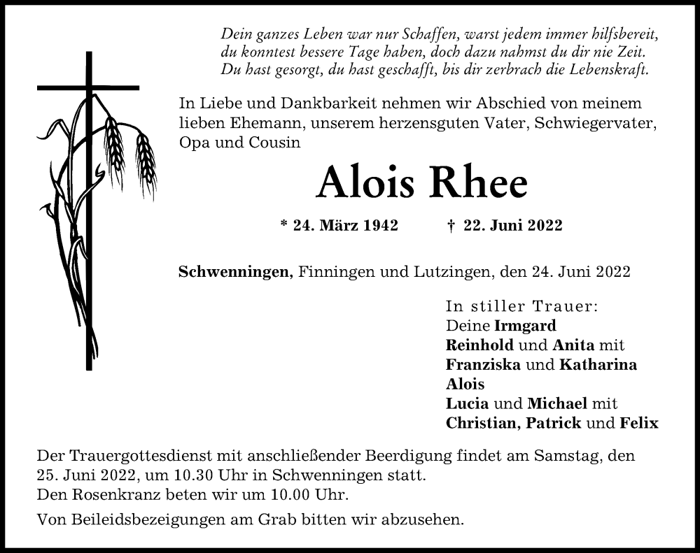  Traueranzeige für Alois Rhee vom 24.06.2022 aus Donau Zeitung