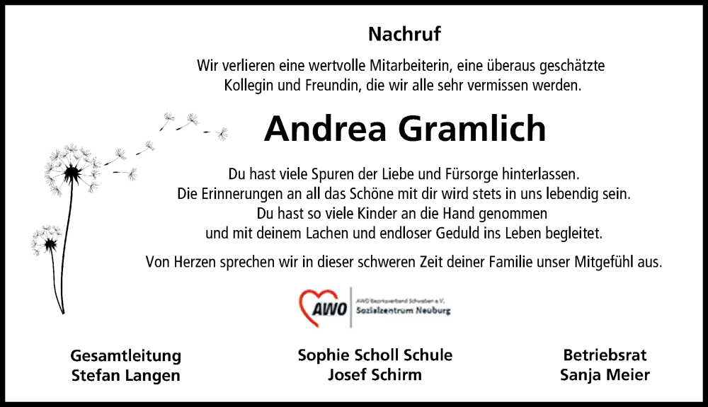  Traueranzeige für Andrea Gramlich vom 09.06.2022 aus Neuburger Rundschau